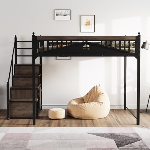 Zravenna Hochbett Metall 140x200 cm mit Treppe, Kinderbett mit Rausfallschutz, Metallbett Einzigartige Gehäuseform mit Fensterdesign, Viel Stauraum Unter Dem Bett (Schwarz B) von Zravenna