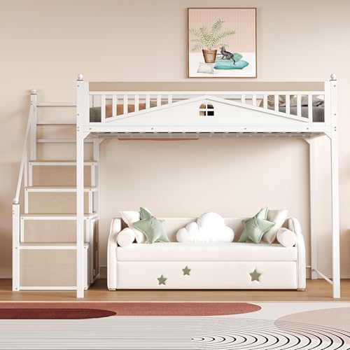 Zravenna Hochbett Metall 140x200 cm mit Treppe, Kinderbett mit Rausfallschutz, Metallbett Einzigartige Gehäuseform mit Fensterdesign, Viel Stauraum Unter Dem Bett (Weiß B) von Zravenna