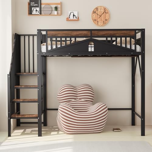 Zravenna Hochbett Metall 90x200 cm mit Treppe, Kinderbett mit Rausfallschutz, Metallbett Einzigartige Gehäuseform mit Fensterdesign, Viel Stauraum Unter Dem Bett (Schwarz A) von Zravenna