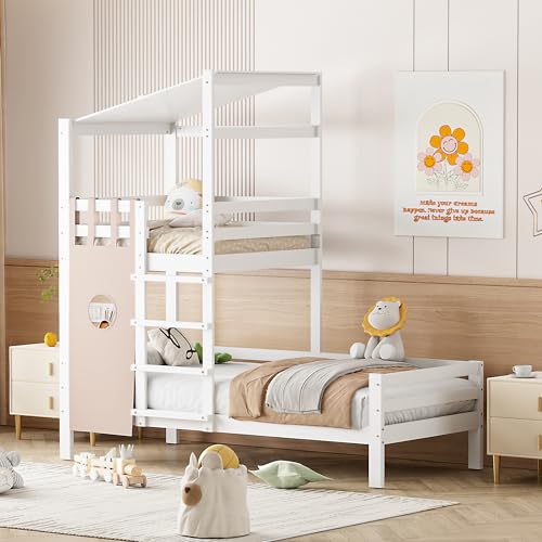 Zravenna Kinderbett Hochbett 90x200 mit Leiter, Etagenbett mit Dach, Hausbett Massivholzbett mit Lattenrost, Bett für Jungen und Mädchen (Weiß) von Zravenna