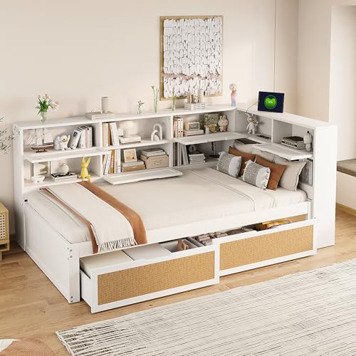 Zravenna Massivholz Schlafsofa 90x200 mit Lattenrost und 2 Schubladen, Multifunktionales Tagesbett mit vielen Staufächern, Einzelbett Daybed mit Große Stauraum (A-Weiß) von Zravenna
