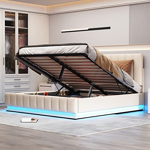Zravenna ﻿Modernes Polsterbett 160 x 200 cm mit Bettkasten Stauraum und Lattenrost, Doppelbett mit höheverstellbarem Polsterkopfteil, Stauraumbett aus Kunstleder, Weiß von Zravenna