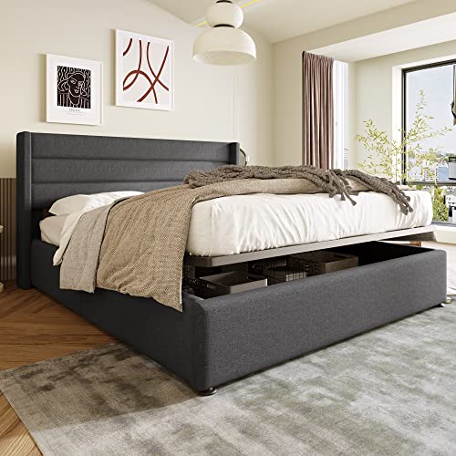 Zravenna Polsterbett 160x200 mit Bettkasten, Doppelbett Bettgestell mit Lattenrost (Ohne Matratze), Stauraumbett Metallbett, Leinen, Grau (Grau, 160x200cm-Ohne Matratze) von Zravenna