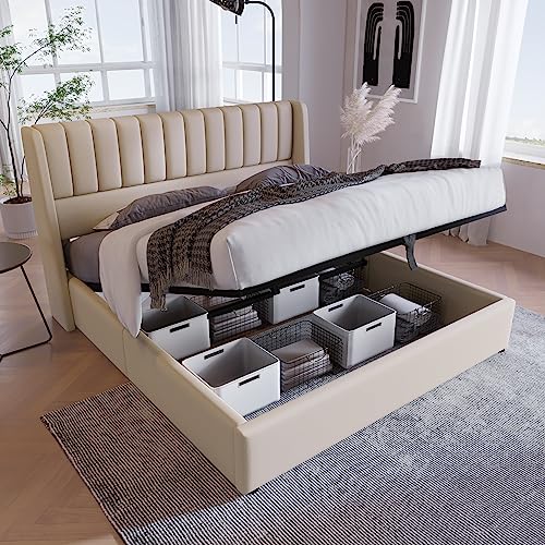 Zravenna Polsterbett 180x200 mit Lattenrost (Ohne Matratze), Stauraumbetten Bettgestell mit Großer Stauraum unter Bett, Doppelbett Metallbett, Beige (Beige, 180x200cm) von Zravenna