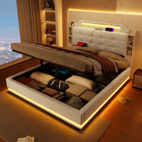 Zravenna Polsterbett Doppelbett 140X200 cm, Funktionsbett, Bett mit Stauraum, Polster Kopfteil mit mehrere Ablagefächer, Metall Bettgestell, Holz Lattenrost, Leinen, Ohne Matratze. (Beige) von Zravenna