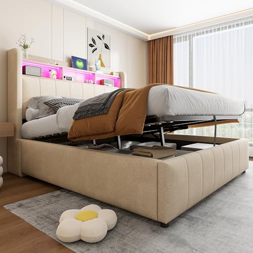 Zravenna Polsterbett Doppelbett 140x200 cm mit Stauraum, Polster Kopfteil mit Ablageflächen, Leinenstoff Schlafzimmer Bett, Ohne Matratze (Beige) von Zravenna