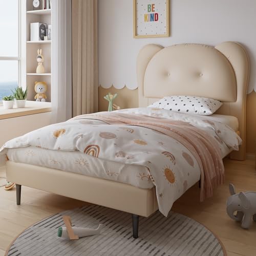 Zravenna Polsterbett Einzelbett 90x200 cm für Kinder, Niedliches Kopfteil in Tierform, Jugendbett mit Lattenrost, PU, Ohne Matratze.(Beige) von Zravenna