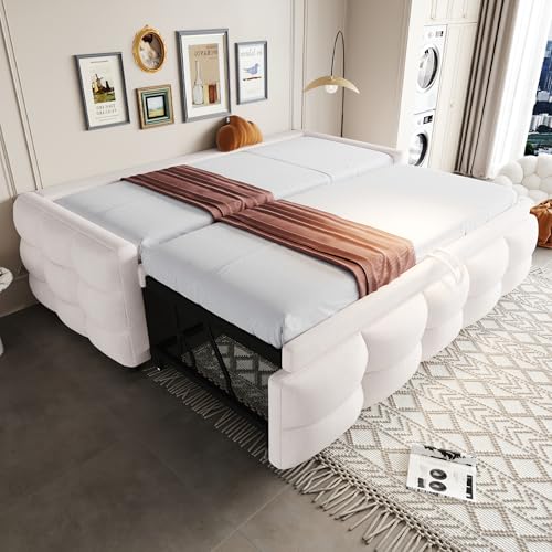 Zravenna Polsterbett Schlafsofa 90/180x190cm mit Ausziehbett gleiche höhe, umbaubar in Einzelbett/Doppelbett, Ausziehbares Daybed mit Lattenrost, Gästebett ohne Kopfteil, Teddy-Samtstoff (Beige) von Zravenna