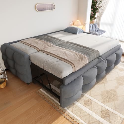 Zravenna Polsterbett Schlafsofa 90/180x190cm mit Ausziehbett gleiche höhe, umbaubar in Einzelbett/Doppelbett, Ausziehbares Daybed mit Lattenrost, Gästebett ohne Kopfteil, Teddy-Samtstoff (Grau) von Zravenna