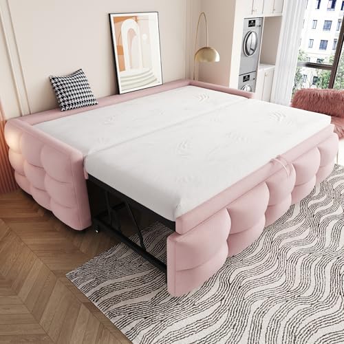 Zravenna Polsterbett Schlafsofa 90/180x190cm mit Ausziehbett gleiche höhe, umbaubar in Einzelbett/Doppelbett, Ausziehbares Daybed mit Lattenrost, Gästebett ohne Kopfteil, Teddy-Samtstoff (Rosa) von Zravenna