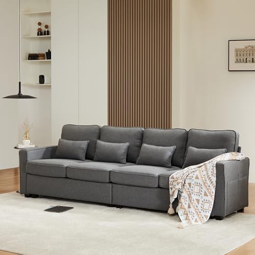 Zravenna Polstersofa 4-Sitzer, Sofa aus Leinenstoff, Viersitzer-Sofa mit Armlehnentaschen und 4 Kissen, Sofa im einfachen Stil, geeignet für Wohnzimmer, Wohnung, Büro, 3 Farboptionen (Dunkel Grau) von Zravenna