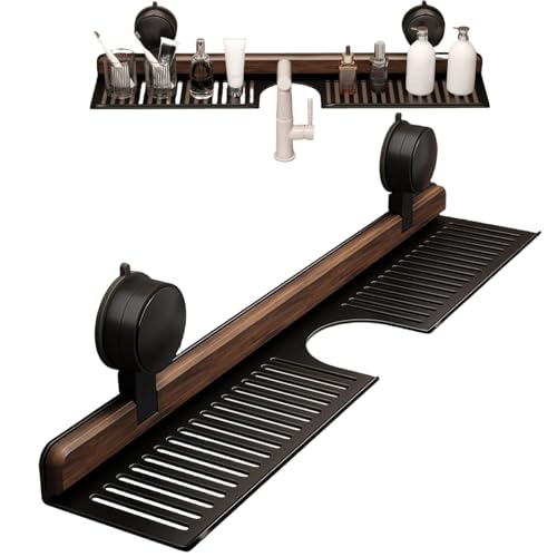 ZrdlqlLcjxy Walnut Suction Cup Bathroom Shelf, Faucet Organizer Rack with Suction Cup, Wall Mounted Sink Shelf Over Faucet, Removable Wood Faucet Storage Rack, for Bathroom (Black-M) von ZrdlqlLcjxy