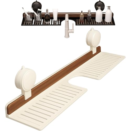ZrdlqlLcjxy Walnut Suction Cup Bathroom Shelf, Faucet Organizer Rack with Suction Cup, Wall Mounted Sink Shelf Over Faucet, Removable Wood Faucet Storage Rack, for Bathroom (White-M) von ZrdlqlLcjxy