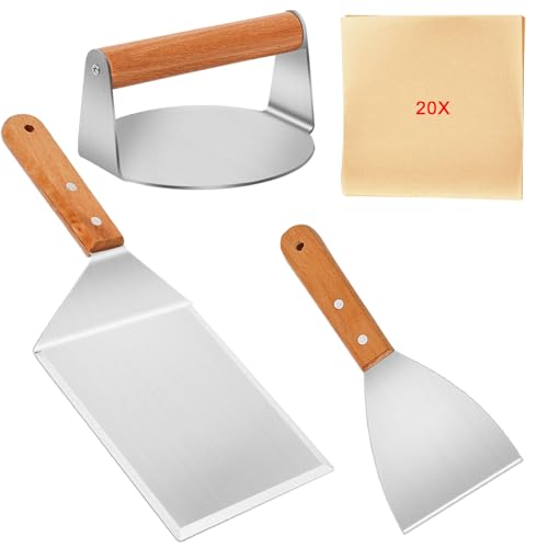 Smash Burger Set, 5.5 Zoll Smashed Burger Presse, Grillspachtel Edelstahl, Grillzubehör, mit 20 STK Burger Papier, für Outdoor Indoor Hamburger Teppanyaki Steaks Grill von Zroden