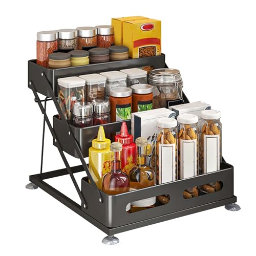 3 Etagen Gewürzregal Ausziehbar, Gewürz Organizer Aus Kohlenstoffstahl, Einstellbar Gewürzregal Stehend Ohne Bohren,Gewürzregale Küchenregal Arbeitsplatte Für Küchen,30Cm B X 34,5Cm L X 25.5~27.5 Cm H von Zstar