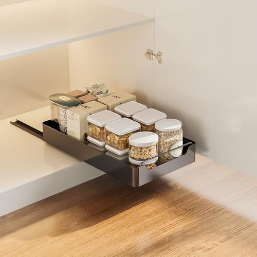 Teleskopschublade, Ausziehbare Schublade Küche, Küchenschrank Organizer, Aufbewahrungsregale Für Küchenschränke Mit Klebefolie, Schrankauszug (25cm B X 43cm T X 7cm H), Kein Bohren Und Nageln,Schwarz von Zstar