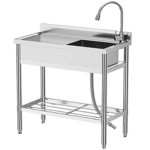 Waschbecken Set Küchenspüle aus Edelstahl Freistehende Spüle Gewerbespüle Spülenbecken Spülentisch mit Wasserhahn und Kalt- Und Warmwasserleitung für Restaurants Geschäfte Küchen (100x50 cm) von Zstar