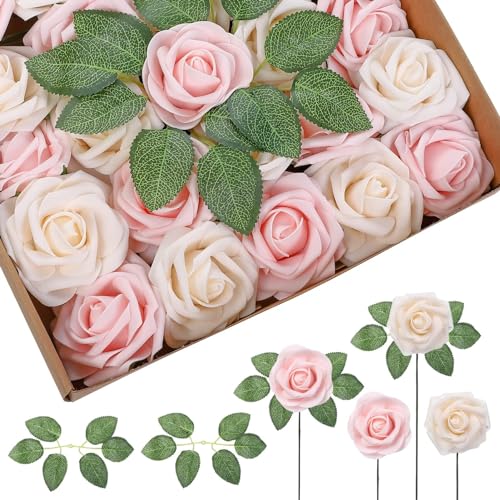 Zstar Künstliche Rosen Blumen, 25 Stück Kunstblumen Rosenköpfe und Blatt für DIY Hochzeit Blumensträuße/Zuhause Dekorationen, Hell-pink & Champagner von Zstar