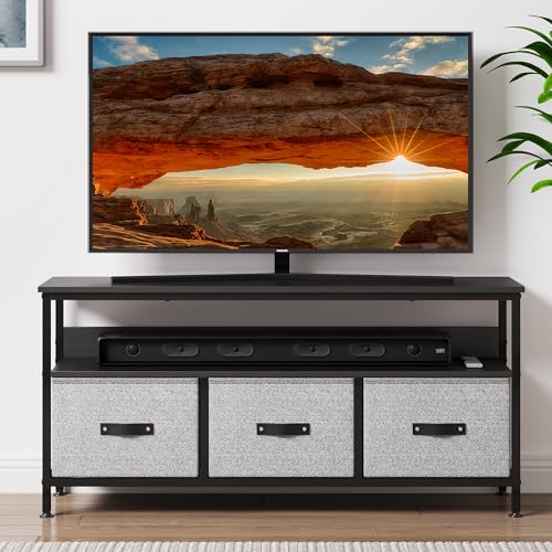Zstar TV-Ständer Kommode, Medienkonsolentisch mit 3 Stoffschubladen und Offenen Ablagen für 55-Zoll Fernseher, Verstellbare Füße Metallrahmen Komodenschrank für Wohnzimmer, Flur,Schlafzimmer,Schwarz von Zstar