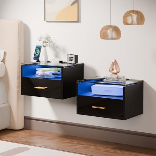 Ztexkee 2er Set Hängender Nachttisch mit Steckdose Glas Nachtschrank hängend mit RGB LED Lichtleiste und 1 Schublade für Schlafzimmer, Wohnzimmer Schwarz von Ztexkee