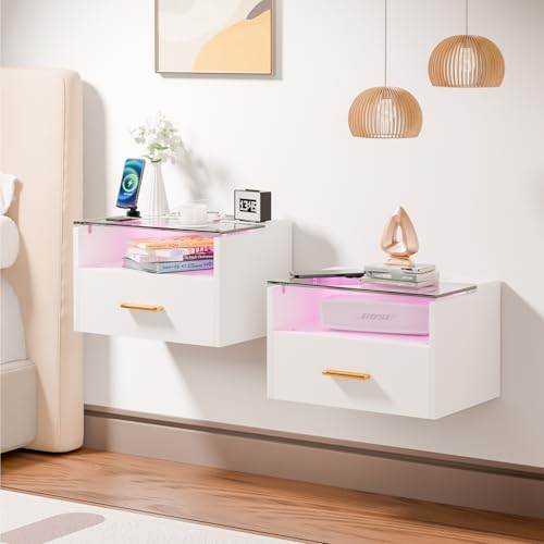 Ztexkee 2er Set Hängender Nachttisch mit Steckdose Glas Nachtschrank hängend mit RGB LED Lichtleiste und 1 Schublade für Schlafzimmer, Wohnzimmer Weiß von Ztexkee