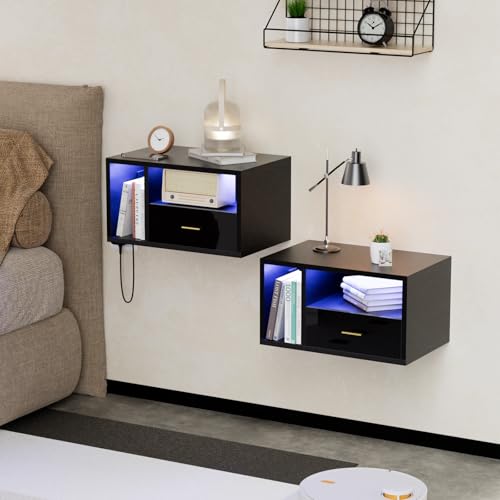 Ztexkee 2er Set Hängender Nachttisch mit Steckdose Nachtschrank hängend mit RGB LED Lichtleiste und 1 Schublade 2 Ablagefächer für Schlafzimmer, Wohnzimmer Schwarz von Ztexkee