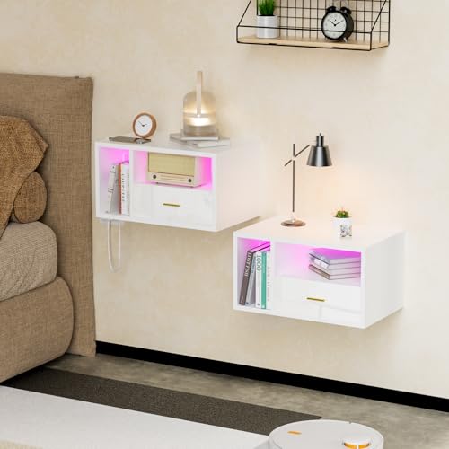 Ztexkee 2er Set Hängender Nachttisch mit Steckdose Nachtschrank hängend mit RGB LED Lichtleiste und 1 Schublade 2 Ablagefächer für Schlafzimmer, Wohnzimmer Weiß von Ztexkee