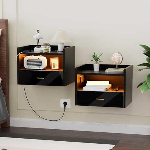 Ztexkee 2er Set Hängender Nachttisch mit Steckdose Nachtschrank hängend mit RGB LED Lichtleiste und 1 Schublade für Schlafzimmer, Wohnzimmer Schwarz von Ztexkee