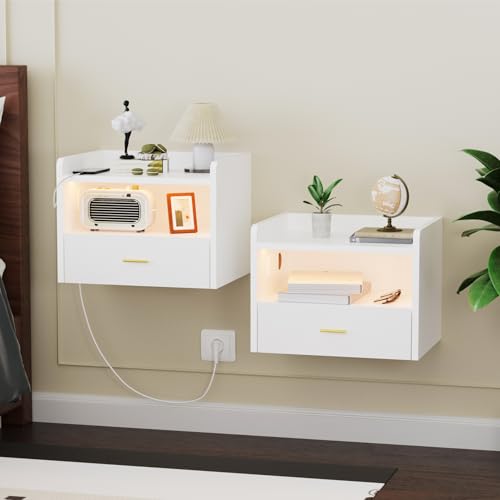 Ztexkee 2er Set Hängender Nachttisch mit Steckdose Nachtschrank hängend mit RGB LED Lichtleiste und 1 Schublade für Schlafzimmer, Wohnzimmer Weiß von Ztexkee