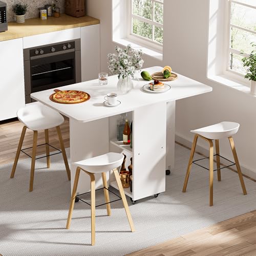 Ztexkee Mobiler Klapptisch Klappbarer Esstisch auf Rädern Klapptisch mit 1 großen Schrank und 1 offenen Fach Mobiler Esstisch für kleine Räume Esszimmer Küche 120 x 70 x 78 cm Weiß von Ztexkee
