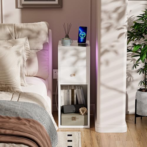 Ztexkee Nachttisch schmal Nachtschrank mit Steckdose und LED Lichtleiste Schmaler Beistelltisch Nachttisch mit 1 Schubladen und 2 Ablagefächer für Schlafzimmer, Wohnzimmer Weiß von Ztexkee