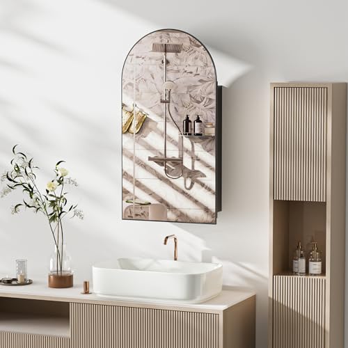 Ztexkee Spiegelschrank Bad Hängend Badezimmer Spiegelschrank mit 2 Einlegeböden Gewölbter Badezimmerschrank aus Metall Schwarz (Keine Montage erforderlich) von Ztexkee