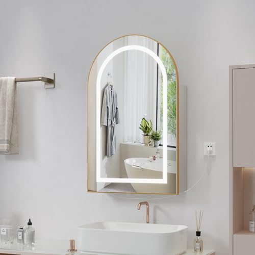 Ztexkee Spiegelschrank Bad mit Beleuchtung und Entnebelungs Funktion Hängend Badezimmer spiegelschrank mit 3 Glas Einlegeböden Gewölbter Badezimmerschrank mit Steckdosen für Badezimmer Gold Beige Ztexkee Spiegelschrank Bad mit Beleuchtung und Entnebelungs Funktion Hängend Badezimmer spiegelschrank mit 3 Glas Einlegeböden Gewölbter Badezimmerschrank mit Steckdosen für Badezimmer Gold Beige von Ztexkee