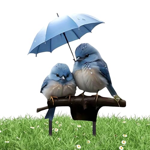 Zuasdvnk Gartenstecker dekorativ, 2D-Acryl, Flacher Bodeneinsatz, wetterfest, Vogel mit Regenschirm, Pflanzenstecker für Rasen, Terrasse, Vorhof, Hinterhof, Wegschild von Zuasdvnk