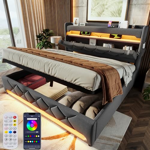 Bett 140x200 mit LED und USB und Typ C,Doppelbett Polsterbett 140x200 mit Stauraum und Kopfteil, Doppelbett mit Lattenrost Jugendbett Stauraumbett Bettgestell,Leinenstoff Grau (Ohne Matratze) von Zubaliya