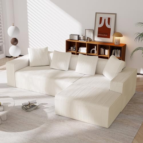 Ecksofa, 3-Sitzer, Kombi-Sofa, Cloud, mit Liegestühlen, Kompressions-Sofa mit tiefer Sitzfläche, gepolstert, für Wohnzimmer und Schlafzimmer (weiß + Corduroy + Schaumstoff + 3 Sitze) von Zubaliya
