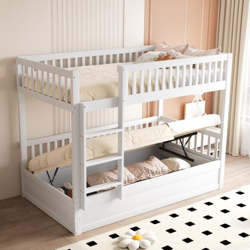 Etagenbett für Kinder, 2-Sitzer, 90 x 200, Hochbett, 2-Sitzer, 90 x 200 cm, Doppelbett für Kinder mit Stauraum, Massivholz, hydraulisches Aufbewahrungssystem, mit Barriere und Treppe (weiß) von Zubaliya