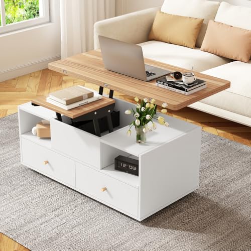 Höhenverstellbarer Couchtisch mit Klappfunktion und 4 Schubladen, 100 x 50 x 47,5 cm, ein großer und ein kleiner hydraulischer Hubtisch, mobiler Wohnzimmertisch mit Universalrollen von Zubaliya