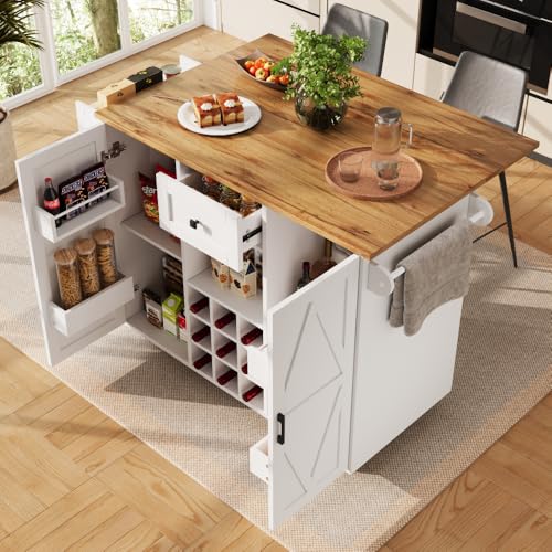 Moderne Kücheninsel Sideboard Esstisch Wagen Holz Multifunktionaler Esstisch mit Stauraum, Funktionsschrank mit Snackhalter und Verlängerung, Weiß von Zubaliya