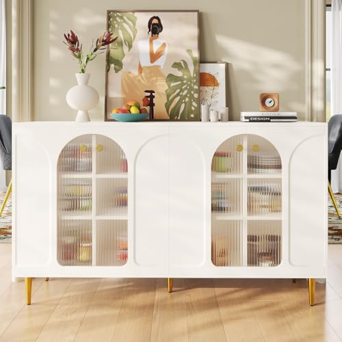 Moderne minimalistische weiße Anrichte (140 x 40 x 85 cm) mit einem Türdesign aus langlebigem Glas und dekorativen Metalldetails, viel Stauraum, geeignet für Wohnzimmer oder Küche von Zubaliya