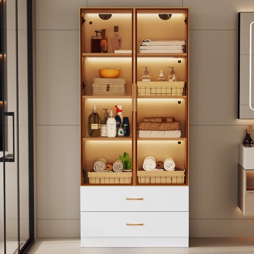 Zubaliya Badezimmerschrank, mittel, mit Lichtleiste, 75 cm breit, mit 2 großen Schubladen und 2 Türen, Glastür (White) von Zubaliya