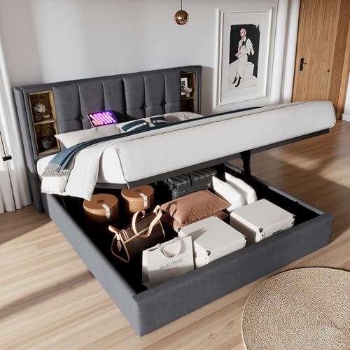 Zubaliya Bett 160 x 200 cm mit Lattenrost, wiederaufladbar und kabellos, USB C, Bettgestell für Doppelbett, gepolstert, 160 x 200, Bett mit Stauraum, Holz, Grau (ohne Matratze) von Zubaliya