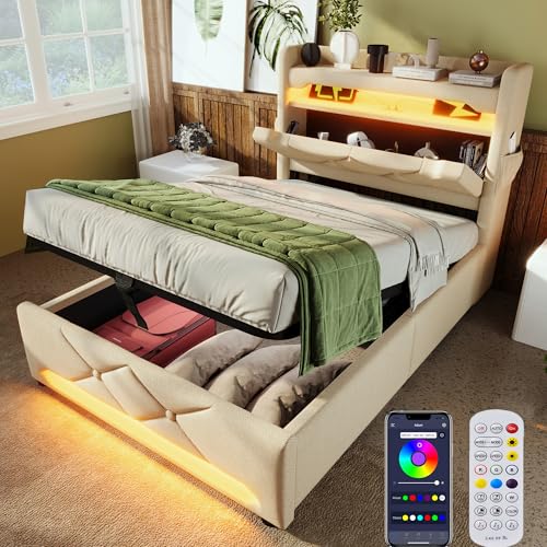 Zubaliya Bett 90x200 mit LED und USB,Polsterbett 90x200 mit Stauraum und Kopfteil, Einzelbett mit Lattenrost Jugendbett Kinderbett Stauraumbett Bettgestell, Beige Leinen(Ohne Matratze) von Zubaliya