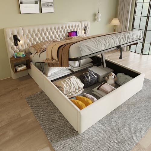 Zubaliya Bett mit Stauraum, 160 x 200 cm mit 2 Nachttischen, gepolstertes Doppelbett, Bettrahmen für Erwachsene mit E-Reader und USB-Ladegerät, 2 Personen mit Stauraum, Samt, Beige (Matratze nicht im Zubaliya Bett mit Stauraum, 160 x 200 cm mit 2 Nachttischen, gepolstertes Doppelbett, Bettrahmen für Erwachsene mit E-Reader und USB-Ladegerät, 2 Personen mit Stauraum, Samt, Beige (Matratze nicht im von Zubaliya