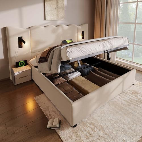 Zubaliya Doppelbett, gepolstert, 160 x 200 cm, mit Leselampe und USB-Ladegerät, hydraulische Aufbewahrung, mit Lattenrost aus Massivholz, Leinenstoff, Beige (Matratze nicht im Lieferumfang enthalten) Zubaliya Doppelbett, gepolstert, 160 x 200 cm, mit Leselampe und USB-Ladegerät, hydraulische Aufbewahrung, mit Lattenrost aus Massivholz, Leinenstoff, Beige (Matratze nicht im Lieferumfang enthalten) von Zubaliya