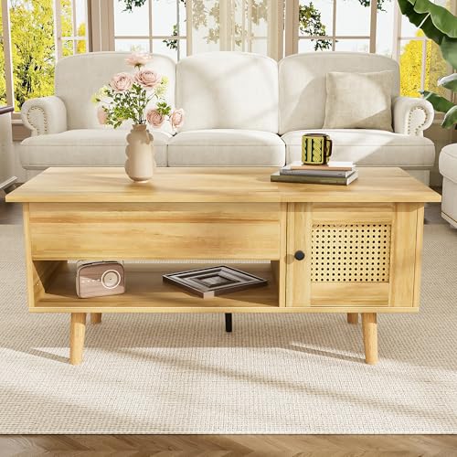 Zubaliya Eleganter Couchtisch mit aufklappbarer Tischplatte und Türen aus Rattan, Holzfarbe mit schwarzen Akzenten, ideal für das Wohnzimmer – praktischer Stauraum und funktionales Design von Zubaliya