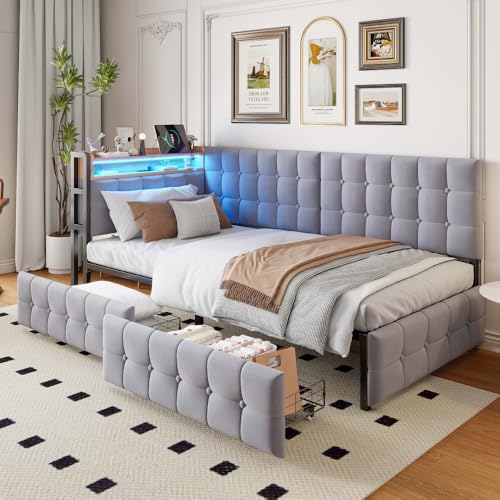 Zubaliya Gepolstertes Schlafsofa 90 x 200 cm mit 2 Schubladen und LED-Nachttischlampe mit USB- und Typ-C-Anschlüssen, Multifunktionsbett für Kinder, hellgrau (Matratze nicht im Lieferumfang enthalten) von Zubaliya