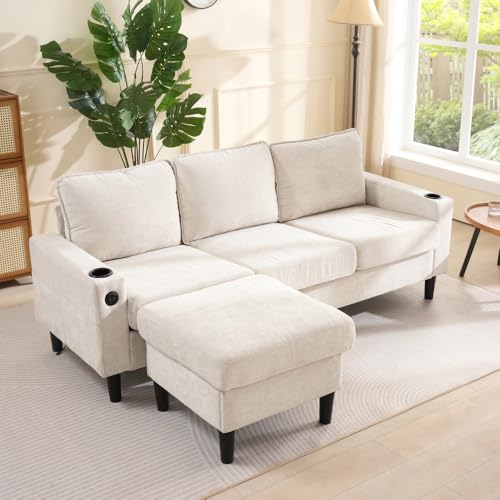 Zubaliya Gepolstertes Sofa mit USB- und Typ-C-Anschlüssen, 3-Sitzer-Sofa mit zwei Getränkehaltern, Schlafsofa in L, für Wohnung, Wohnzimmer und Schlafzimmer (Beige + Leinen + 4 Sitze) von Zubaliya