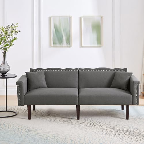Zubaliya Multifunktionales 2-in-1-Bettsofa mit Metalldekoration, doppelte Rückenlehne, individuell verstellbar, Stoff aus Baumwolle und Leinen (Antikgrau) von Zubaliya