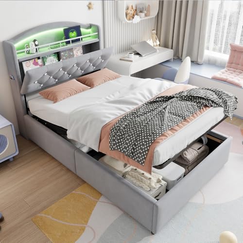 Zubaliya Polsterbett, 90 x 200 cm, mit LED-Licht und USB, multifunktionales Kinderbett mit Stauraum, Einzelbett, Samt (Matratze nicht im Lieferumfang enthalten) (Grau) von Zubaliya